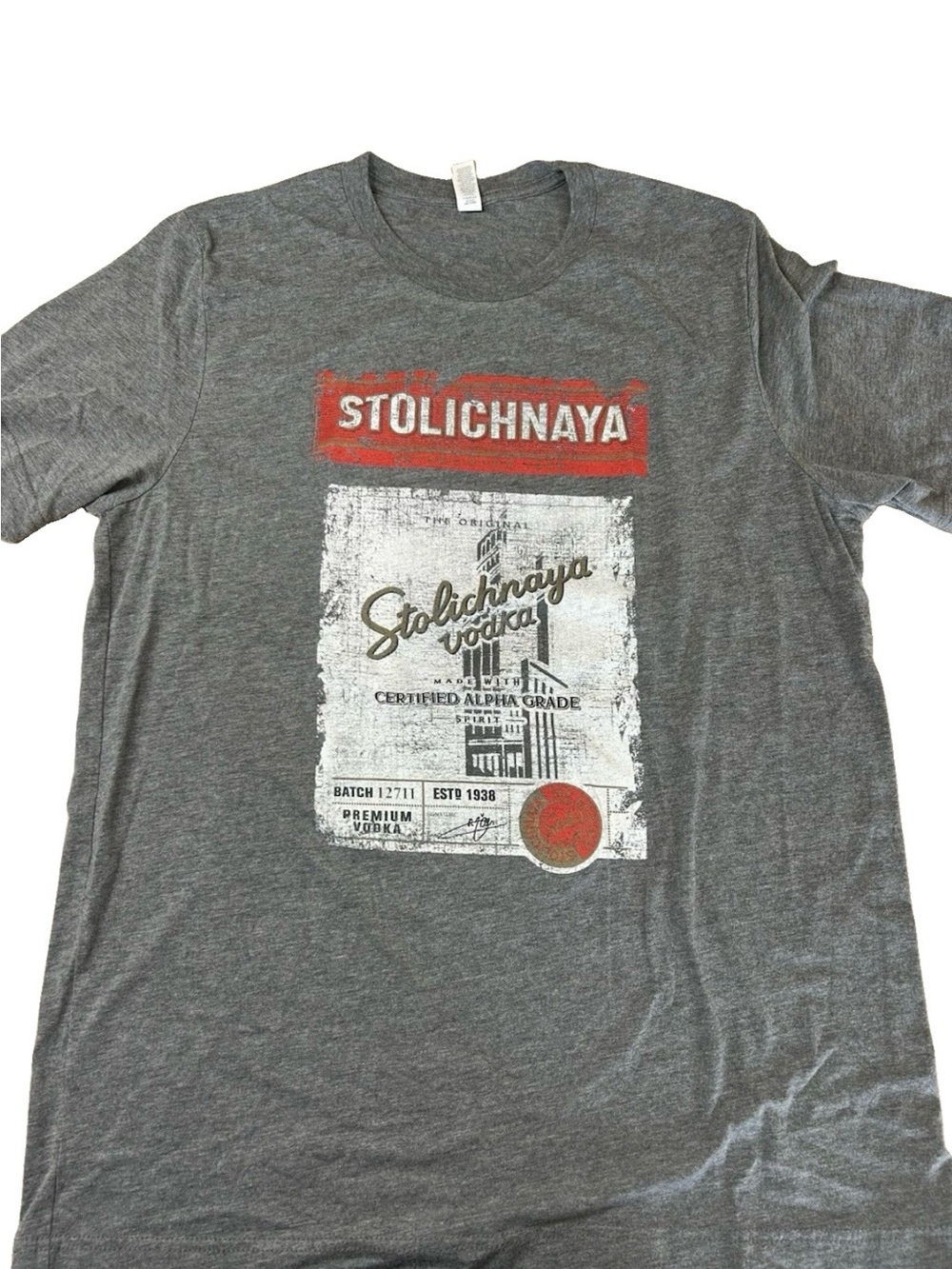 Stolichnaya Vodka Graphic T-Shirt Gray Bella+Canvas Men’s Large Distressed